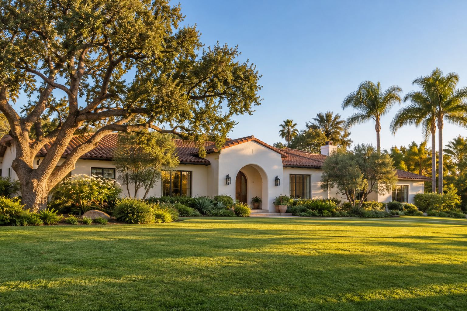 A stucco California home with a tile roof and palm trees, illustrative