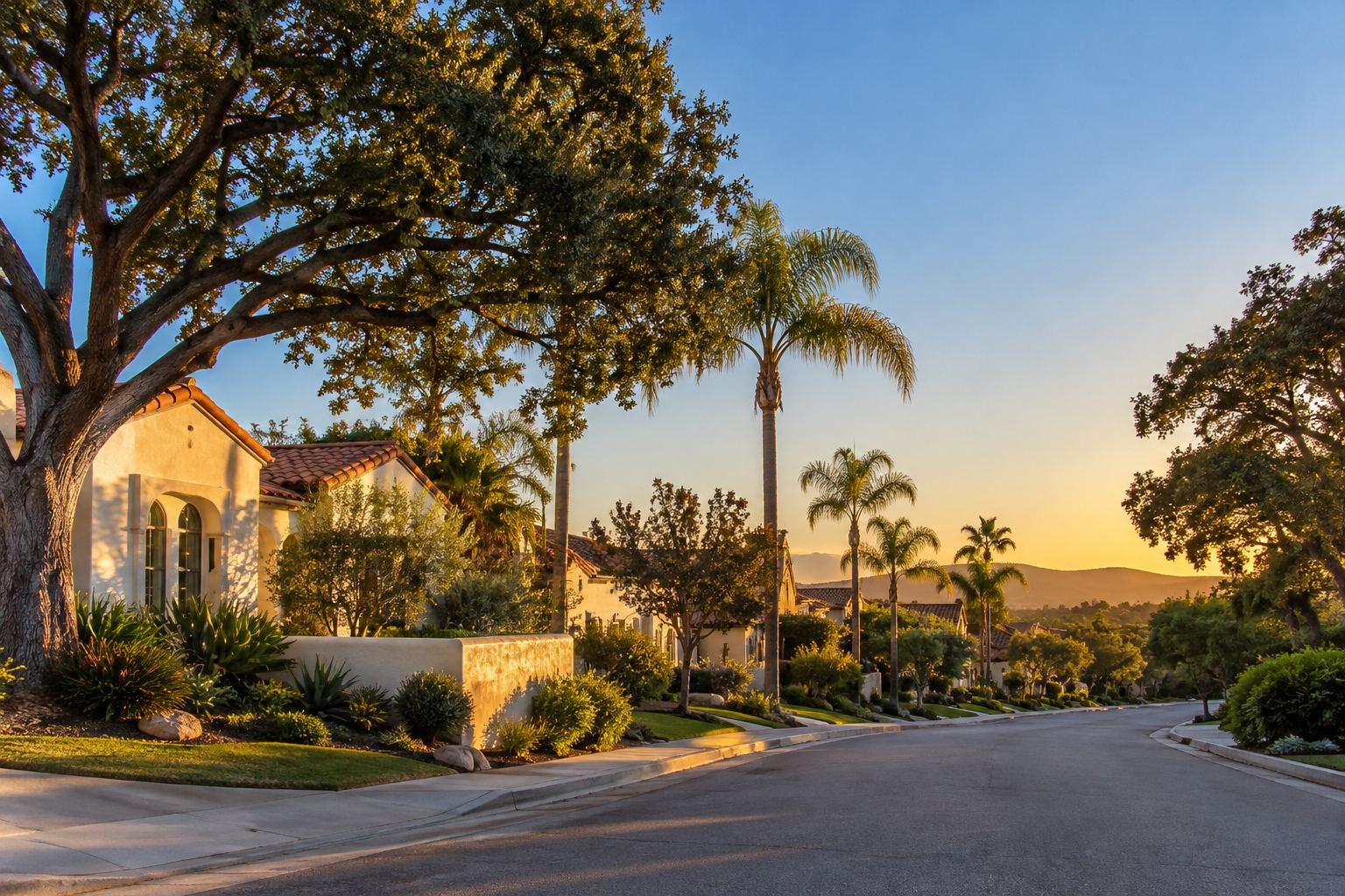 A Camarillo residential street at sunset, illustrative