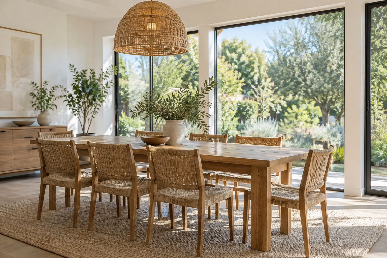 A bright dining room, illustrative